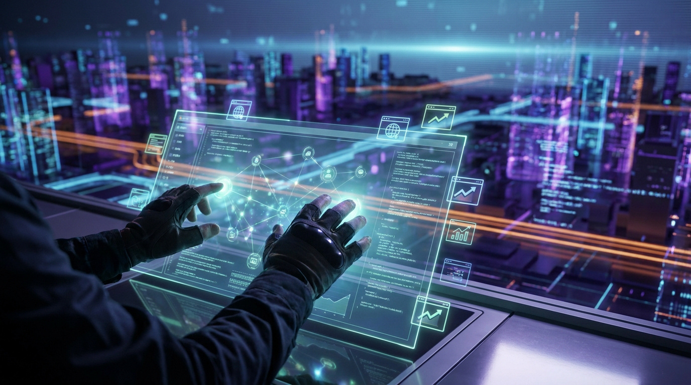 Interface futuriste montrant une manipulation de données et de réseaux avec des outils d'IA.