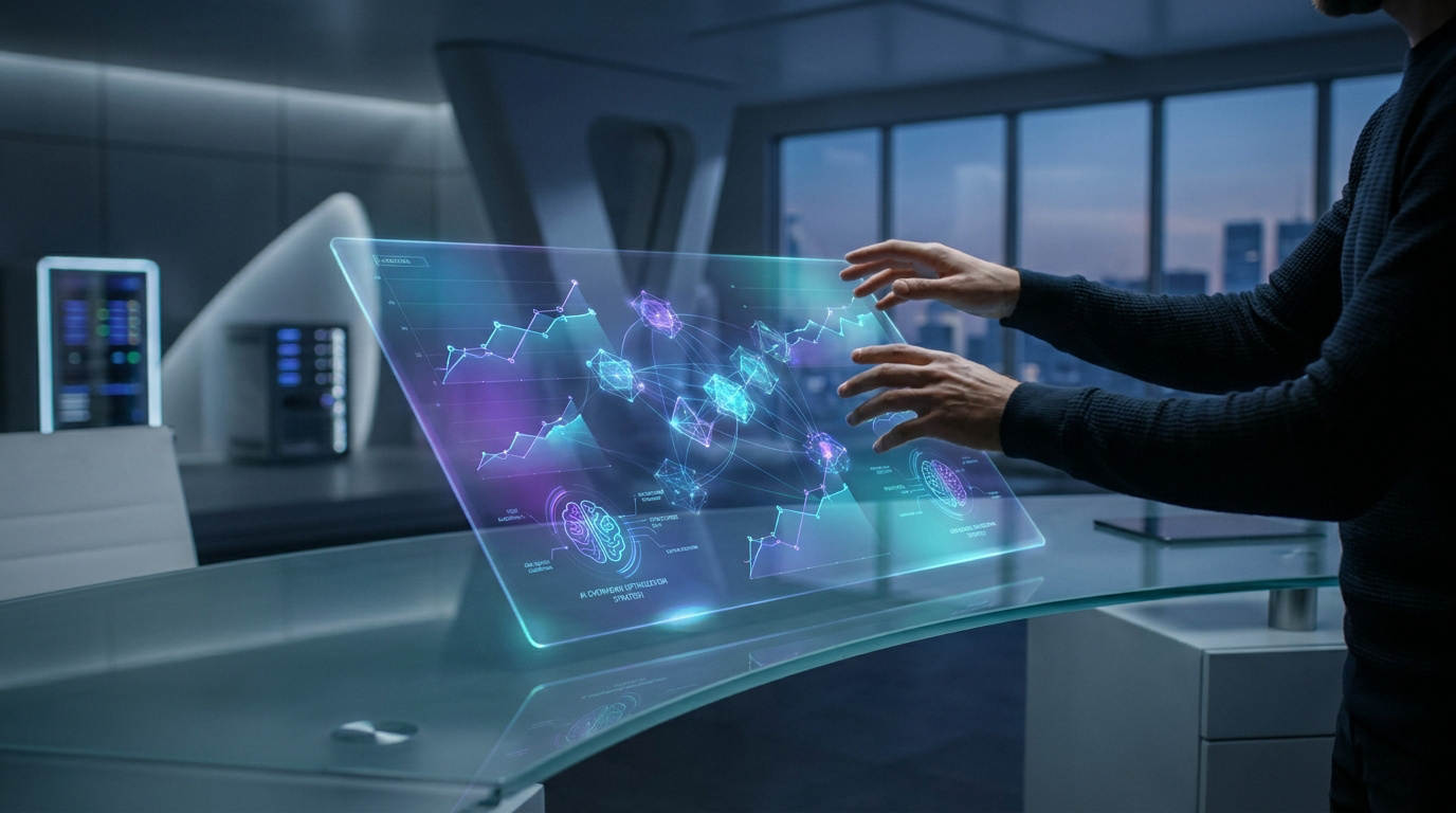 Un professionnel utilisant une interface holographique futuriste affichant des données et des graphiques complexes.