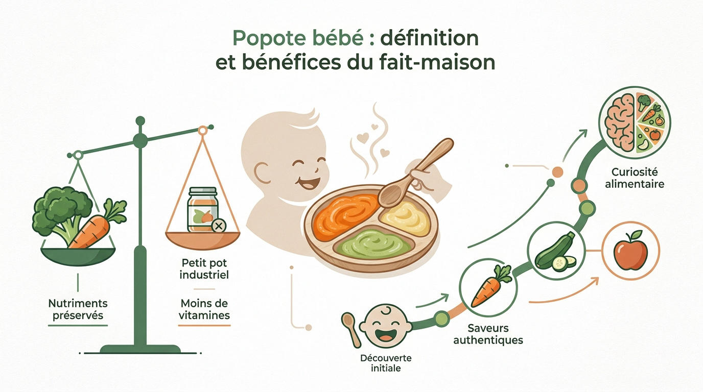 Préparation d'une purée de légumes maison pour bébé avec des ingrédients frais