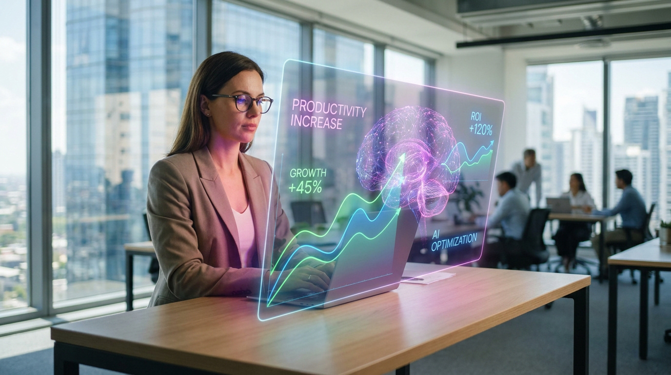 Une femme d'affaires analysant des graphiques holographiques sur la croissance et l'IA dans un bureau moderne.